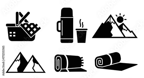 Set of black silhouette icons for camping and hiking.