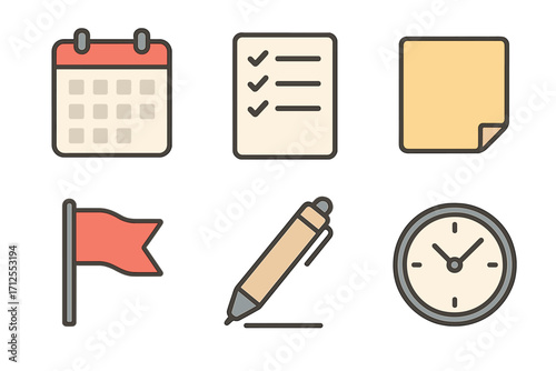 Minimalist office icon set for productivity. Flat vector cartoon illustration of calendar, to-do list, sticky note, flag, pen, and clock. Business and time management concept.