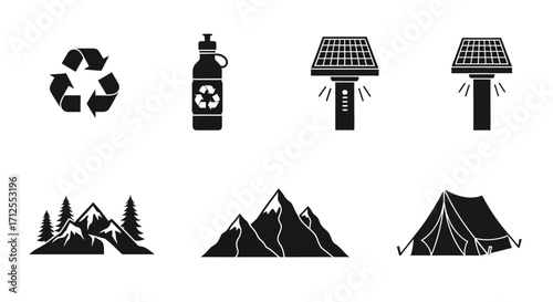 Eco friendly camping and outdoor adventure icon set.
