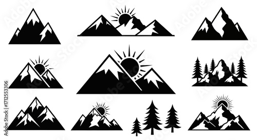 Collection of Black Mountain Silhouette Icons and Logos.