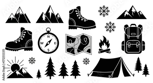 Set of black and white icons for hiking camping and outdoor adventure.