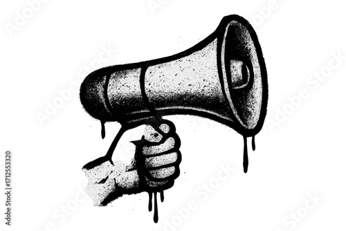 Hand with loudspeaker in graffiti style. Spray painted megaphone for protest and demonstration. Urban street art vector for activism, announcement, or revolution concept.