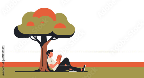 Gentleman Enjoying Reading Under Shade Of Tree While Resting Near Green Grass
