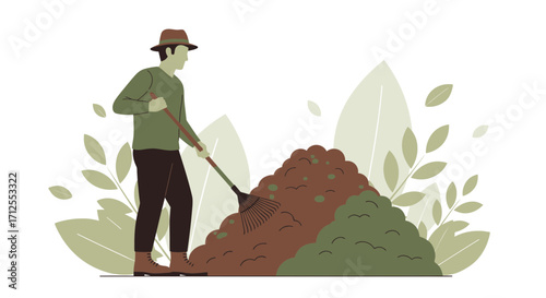 Gentleman Raking Soil, Landscaping Work, Greenery Scene, Illustration Of Nature's Tasks