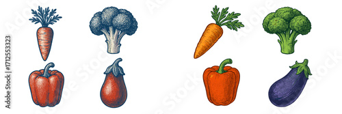 Colorful collection of fresh vegetables including carrots, broccoli, and peppers in a detailed illustration format