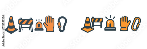 Construction and safety symbols featuring cones, barriers, and hand signals for construction zones and worker protection