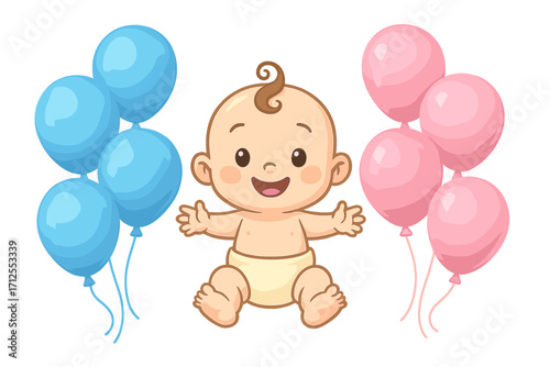 Gender reveal party vector banner element. Cute cartoon newborn baby with blue and pink balloons for the boy or girl question. Baby shower invitation or poster design.