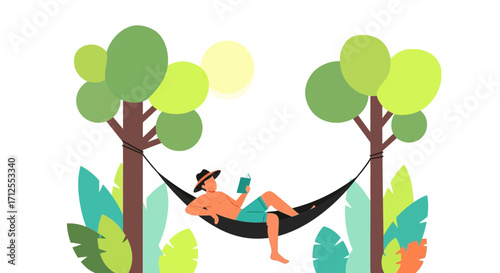 Gentleman Relaxing In A Hammock Under Sunlight Reading A Book Between Trees.