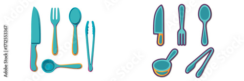 Colorful kitchen utensils displayed on a flat surface for cooking and serving food