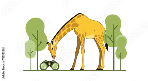 Giraffe Observing, Binoculars, Nature, Wildlife, Safari Adventure, Animal, Illustration
