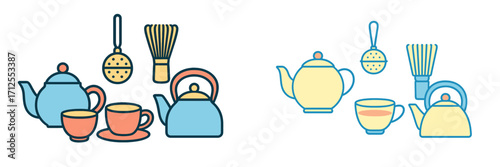 Collection of colorful tea and matcha essentials displayed on a bright background with various teapots and cups