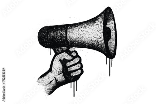 Hand holding loudspeaker graffiti. Textured spray painted megaphone for demonstration or protest. Vintage revolution, activism, and voice symbol. Street art announcement vector.