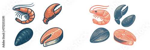 Colorful seafood illustrations featuring shrimp, lobster, mussels, and salmon on a clean background