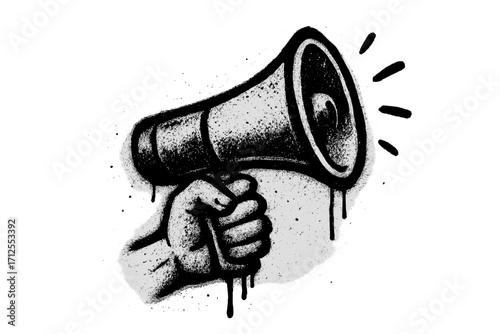 Hand holding megaphone graffiti. Spray painted loudspeaker symbol for protest, demonstration, or announcement. Grunge street art with drip effect. Activism, revolution, voice concept.