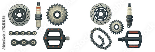 Bike components displayed on a clean background highlighting parts for repair and maintenance