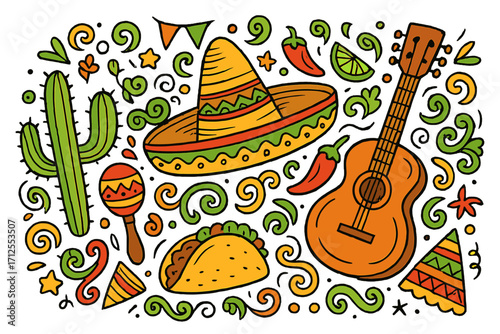 Mexican fiesta doodle set with sombrero, guitar, cactus, and taco. Hand-drawn cartoon vector illustration collection for Cinco de Mayo celebration. Traditional Mexico culture icons.