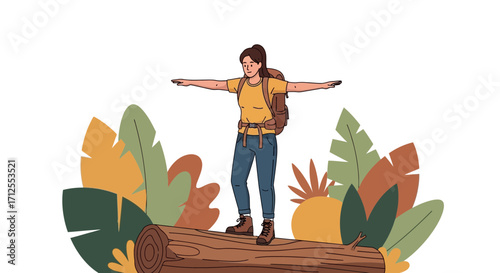 Girl Balancing During Ecological Exploration with Backpack in Nature Forest Illustration