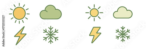 Weather icons representing sunny, cloudy, stormy, and snowy conditions in a simple design for easy understanding