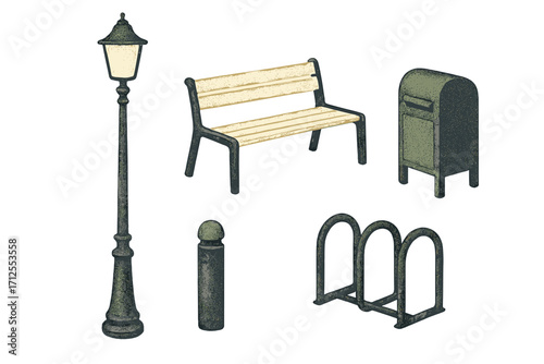 Urban park elements in a city setting, featuring a bench, lamp post, mailbox, and bike rack
