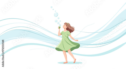Girl Blowing Bubbles With Scenic Flowing Background Vector Illustration