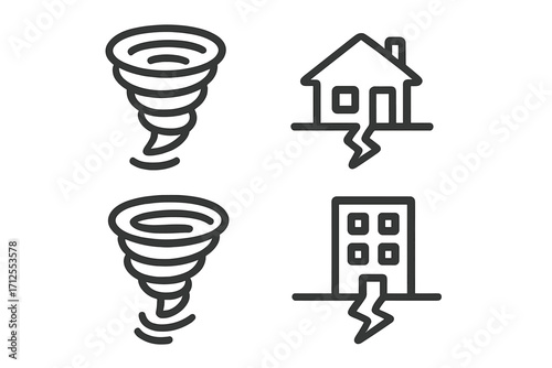 Natural disaster icon set. Tornado, earthquake, storm, hurricane symbols. Weather catastrophe, climate change concepts. Vector line art of house and building damage.