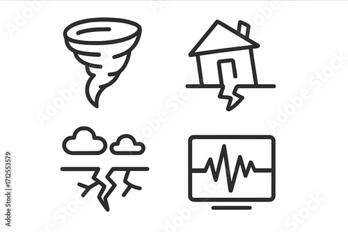 Natural disaster line icon set. Minimal vector symbols for weather catastrophes like tornado, hurricane, and earthquake. Seismograph and storm concepts for emergency alert.