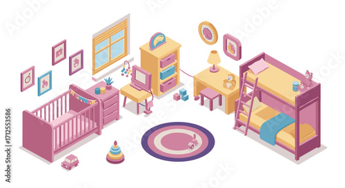 Cozy pastel isometric kids room with crib and bunk bed