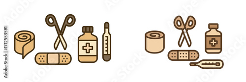 First aid supplies including bandages, scissors, and medicine for emergency care preparation