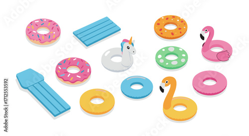 Colorful pool floats on white background featuring unique shapes and designs