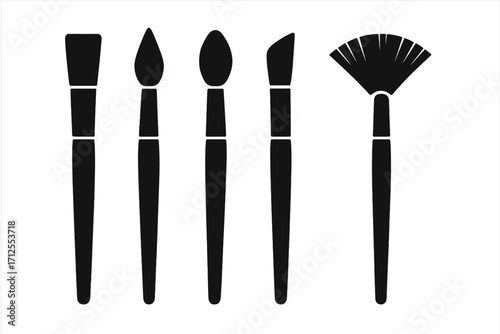 Collection of makeup brushes icons. Minimalist black silhouette vector set. Cosmetic beauty tools for makeup artist. Foundation, powder, fan and angled brushes isolated.