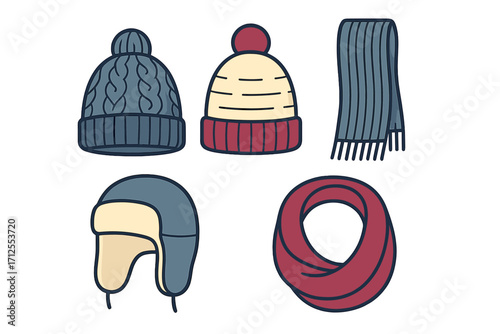 Winter accessories collection including hats and scarves for cold weather comfort and style