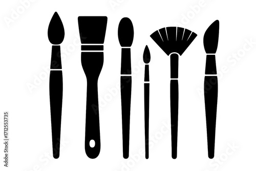 Paint brushes silhouette icon set. Artist tools for painting and drawing. Minimalist black vector illustration. Art supplies collection for creative hobby. Makeup brush assortment.