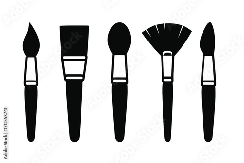 Set of minimalist paint brushes and makeup brushes silhouette icons. Vector graphic collection of artist and cosmetic tools. Beauty and art supplies illustration in black and white.