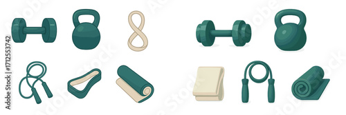 Various fitness equipment including weights, yoga mats, and jump ropes for home workouts