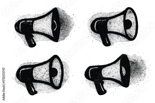 Grunge spray painted graffiti megaphone set. Dirty retro stencil design elements. Textured vector illustration for protest, announcement or communication concept. Isolated icons.