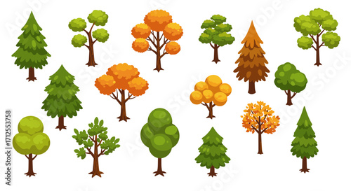 Diverse collection of colorful cartoon trees for seasonal design projects