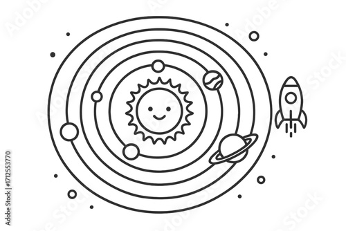 Simple line art solar system with cute smiling sun, planets in orbit, and a space rocket. Cartoon vector graphic for kids' astronomy education, space exploration concept design.