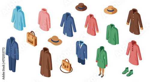 Isometric winter clothing collection: coats, hats, and accessories in diverse colors