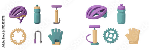 Cycling equipment including helmet, water bottle, pump, gloves, and gear for an outdoor adventure