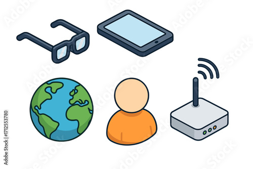 Modern technology icons in isometric style. Vector set including glasses, tablet, globe, user profile, and wifi router. Concepts for internet, global network, and communication.