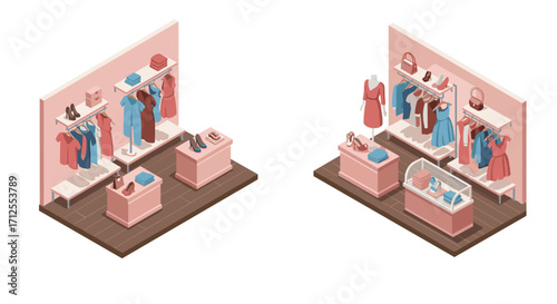 Isometric fashion boutique with display racks and clothing items in soft pastels