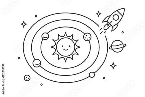 Solar system cartoon with cute sun, planets on orbit, and a rocket. Outer space exploration concept. Galaxy, universe, and astronomy linear vector illustration for children.