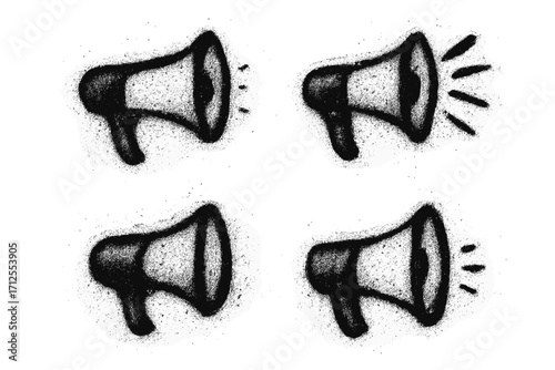 Grunge spray painted graffiti megaphone icon set for retro design. Textured vector illustration of a loud speaker symbol. Dirty protest or announcement element collection.