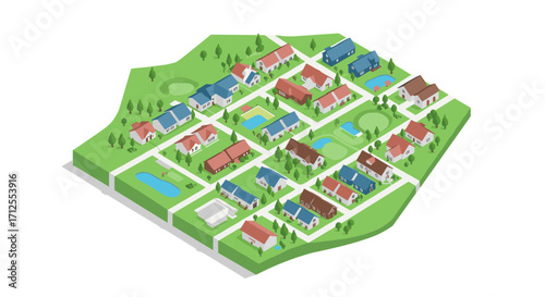 Charming suburban neighborhood in isometric style with houses, parks, and roads
