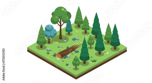 Isometric forest scene with pine trees and fallen log on green terrain