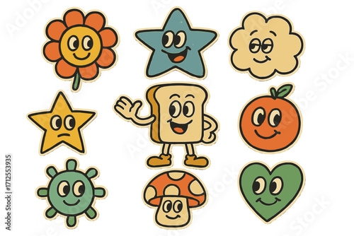 Collection of retro mascot stickers. Funny comic characters with cute faces. Vintage groovy 70s cartoon pack. Happy flower, star, cloud, toast bread, orange fruit, mushroom.