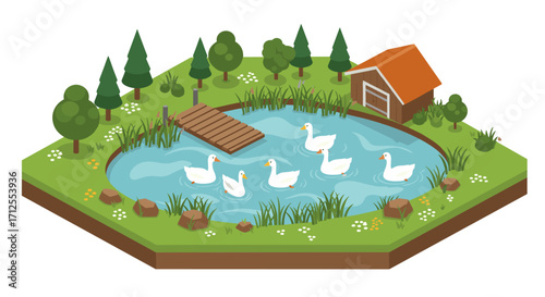 Idyllic isometric pond scene with ducks, bridge, and cabin in a peaceful forest setting