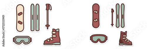 Snow sports equipment including snowboards, skis, poles, and goggles for winter activities in snowy mountains