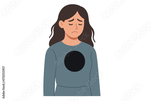 Sad depressed woman with a hole in chest. Metaphor of depression, grief, loneliness, anxiety, despair. Mental health problem. Emotional emptiness, burnout, apathy. Psychology.