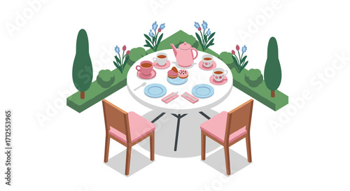 Elegant garden tea party with floral decor and sweets on circular table
